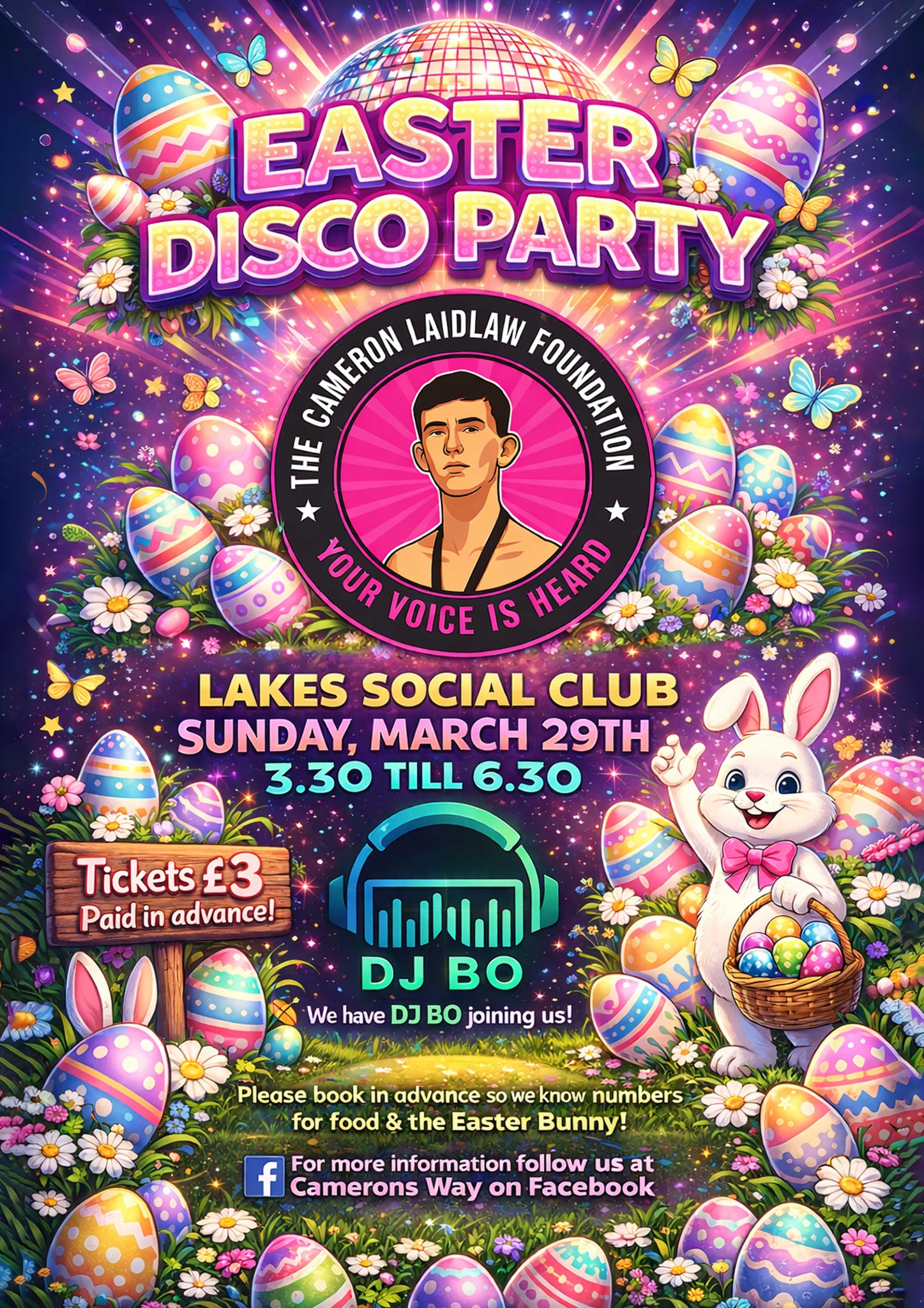 Easter Party Disco poster for the Cameron Laidlaw Foundation
